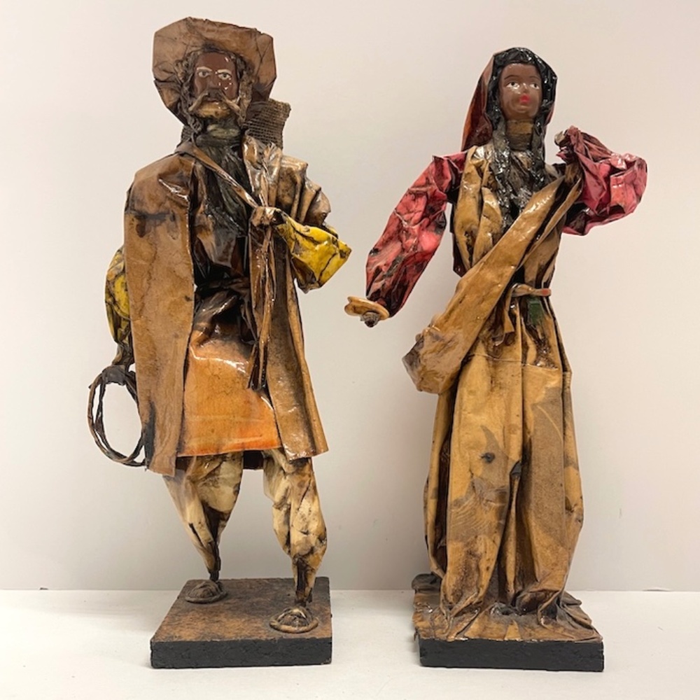 2 Vintage Mexican Folk Art Paper Mache Hand Painted Art Sculptures